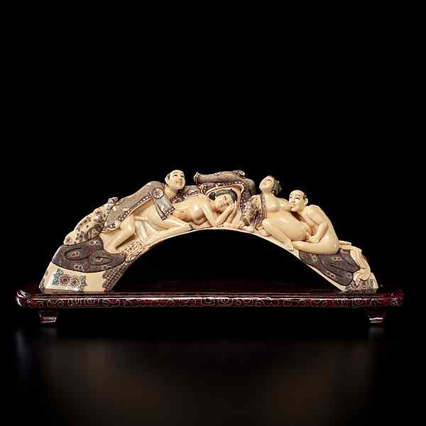 Appraisal: Outstanding Japanese Carved Erotic Tusk Japanese th century A finely