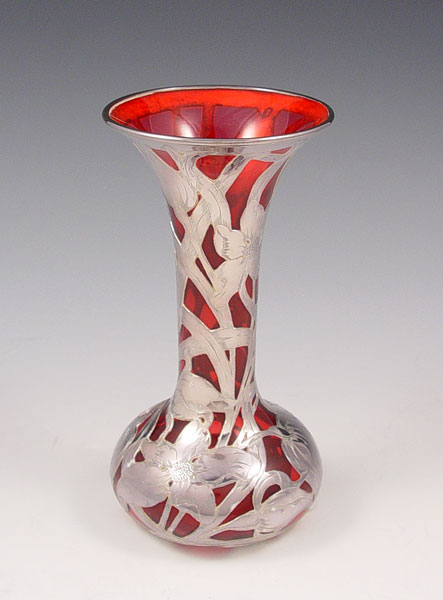 Appraisal: STERLING SILVER OVERLAY CRANBERRY GLASS VASE Marked '' Sterling Silver