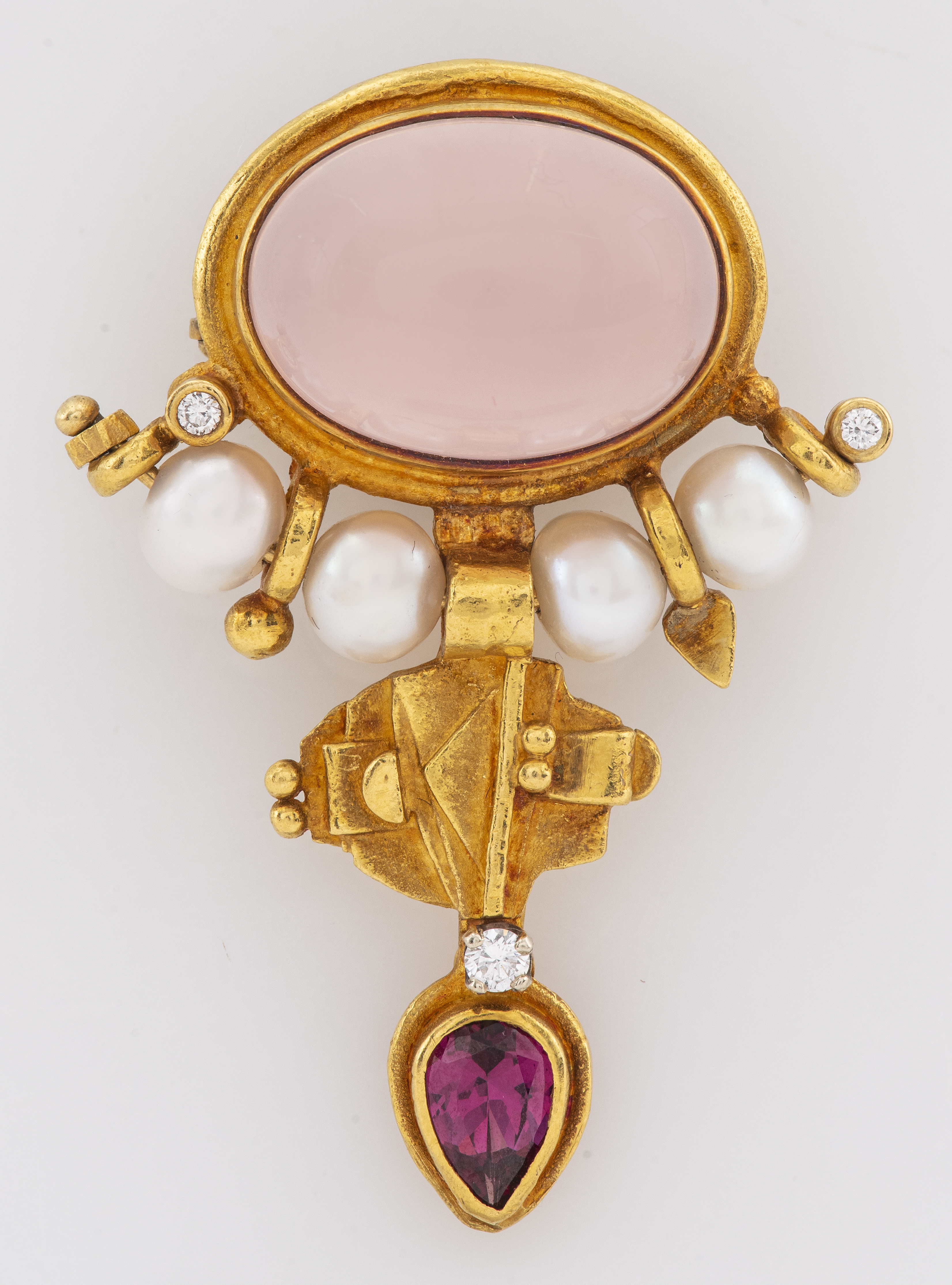 Appraisal: K K GOLD ROSE QUARTZ PEARL DIAMOND BROOCH Etruscan revival