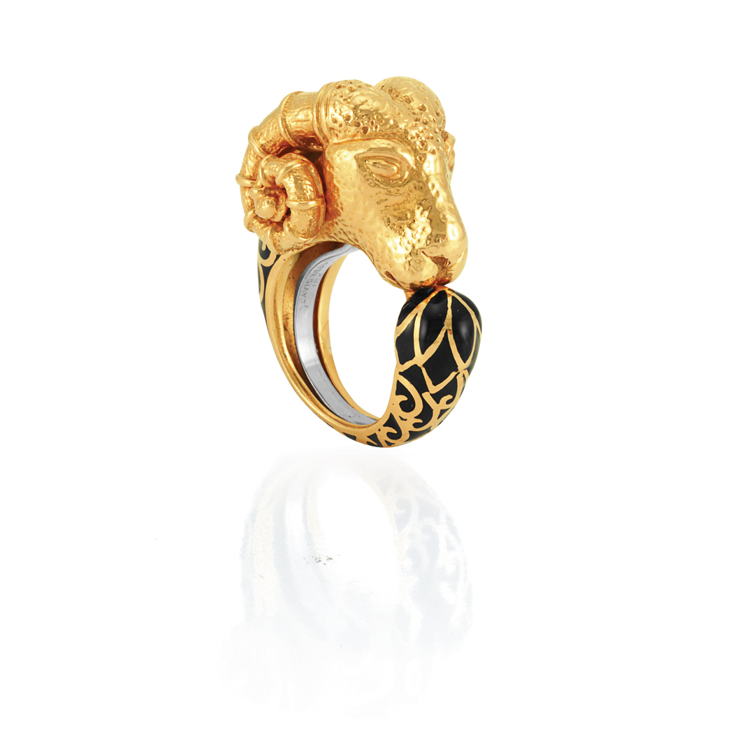 Appraisal: Gold and Black Enamel Ram's Head Ring David Webb kt