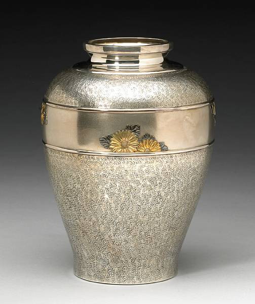 Appraisal: A silver vase with mixed metal accents Meiji Taisho Period