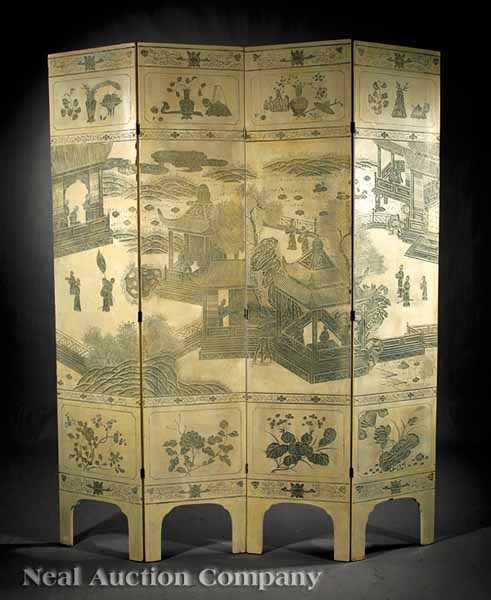 Appraisal: A Chinese Carved and Painted Four-Panel Screen the front carved