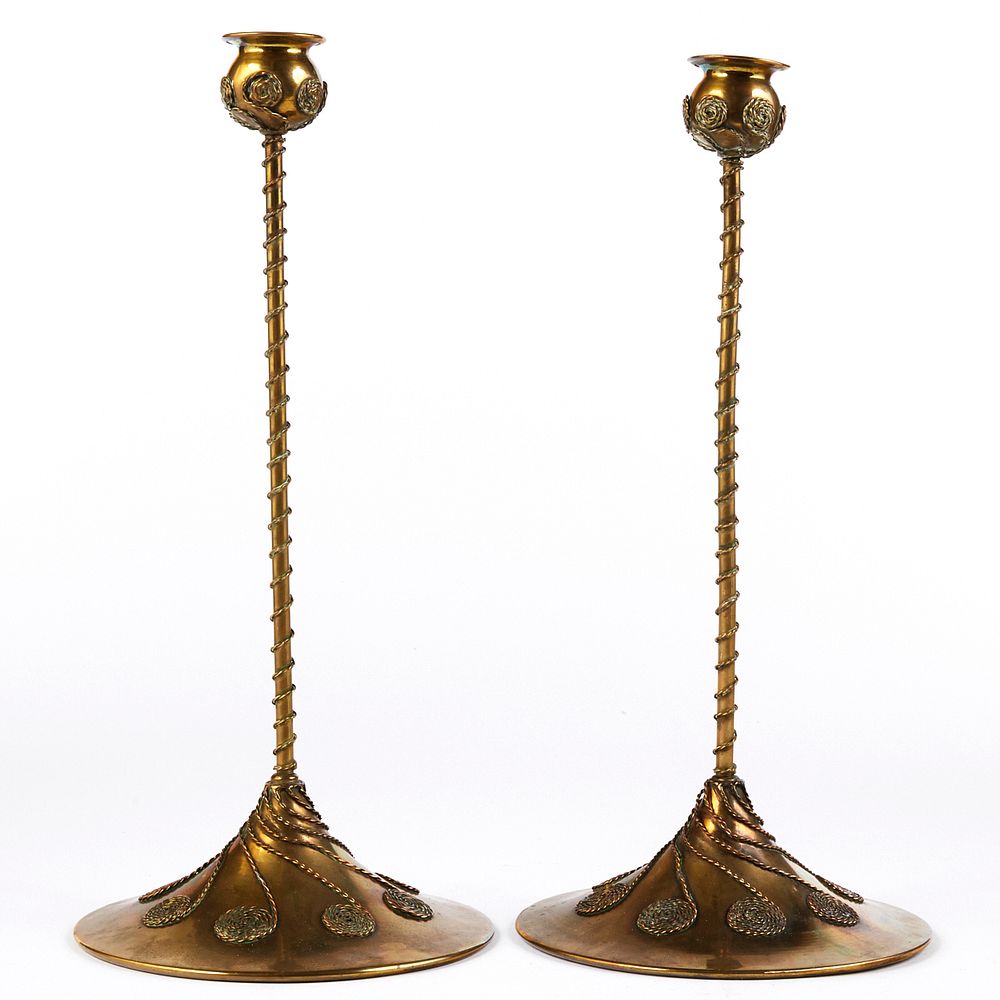 Appraisal: Pr Tiffany Style Arts Crafts Brass Candlesticks Pair of Tiffany