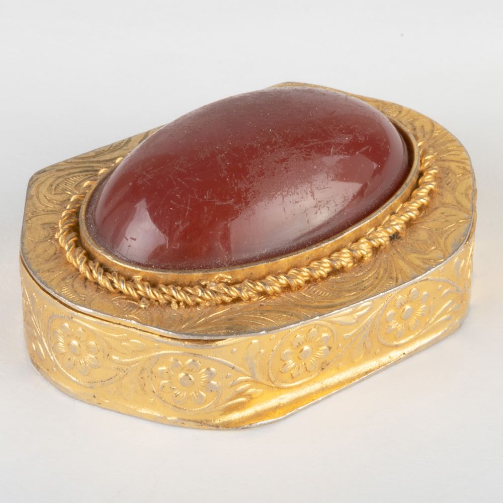 Appraisal: Italian Gold-Plated Stone-Mounted Pill Box Stamped 'Italy' together with a