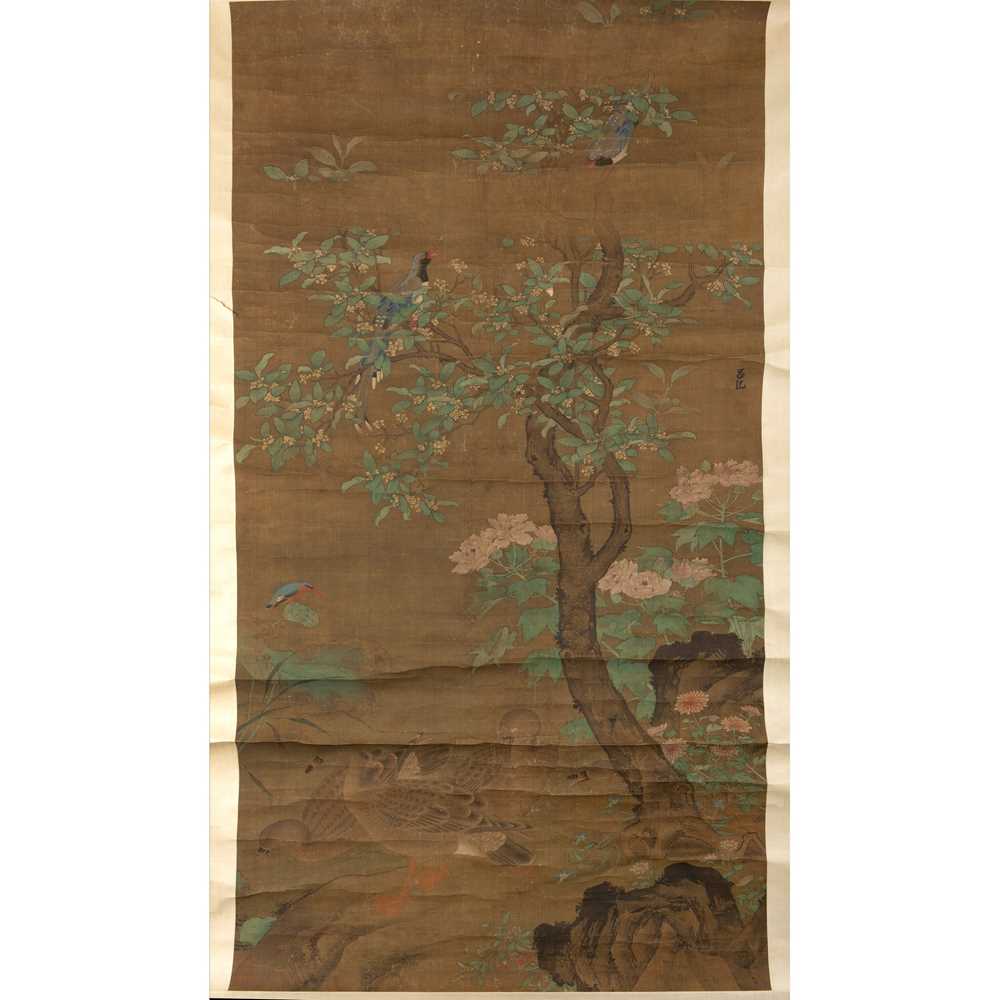 Appraisal: INK SCROLL PAINTING OF FLOWER AND WATERFOWLS ATTRIBUTED TO LU