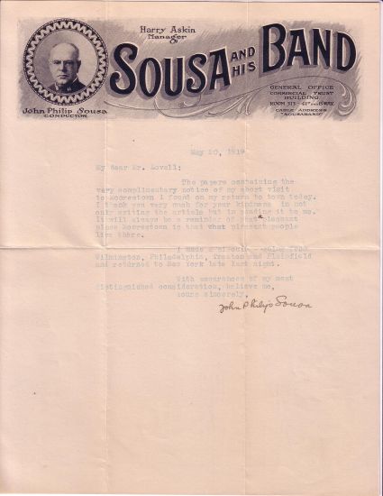 Appraisal: MUSICIANS SOUSA JOHN PHILIP Typed Letter Signed to Percy B