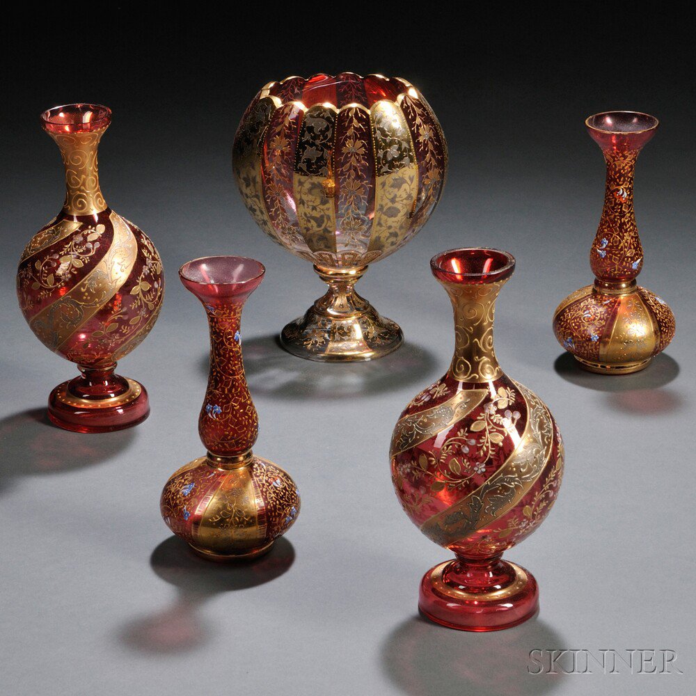 Appraisal: Five Bohemian Moser-type Glass Vases th century each decorated with