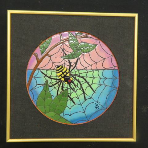 Appraisal: Enameled Copper Plaque spider in a web diameter signed excellent