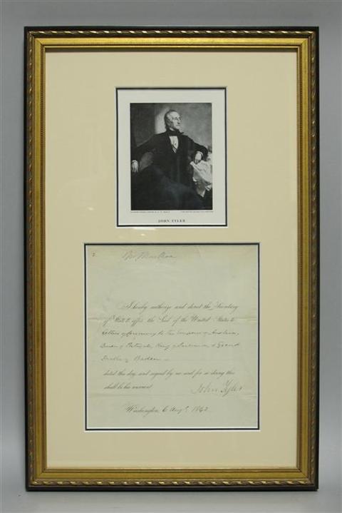 Appraisal: JOHN TYLER SIGNED PRESIDENTIAL DOCUMENT Partially printed on paper presidential