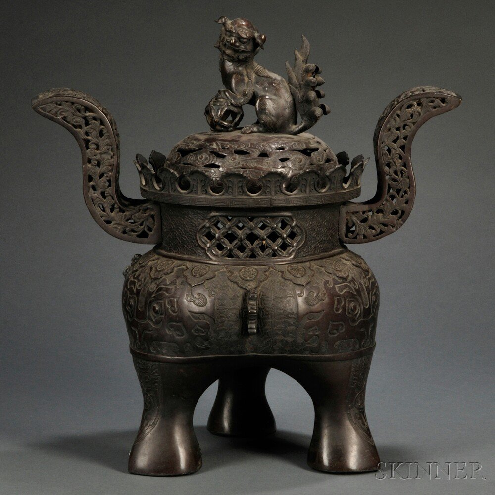 Appraisal: Bronze Ornamental Censer China ovoid body with archaic decorations of