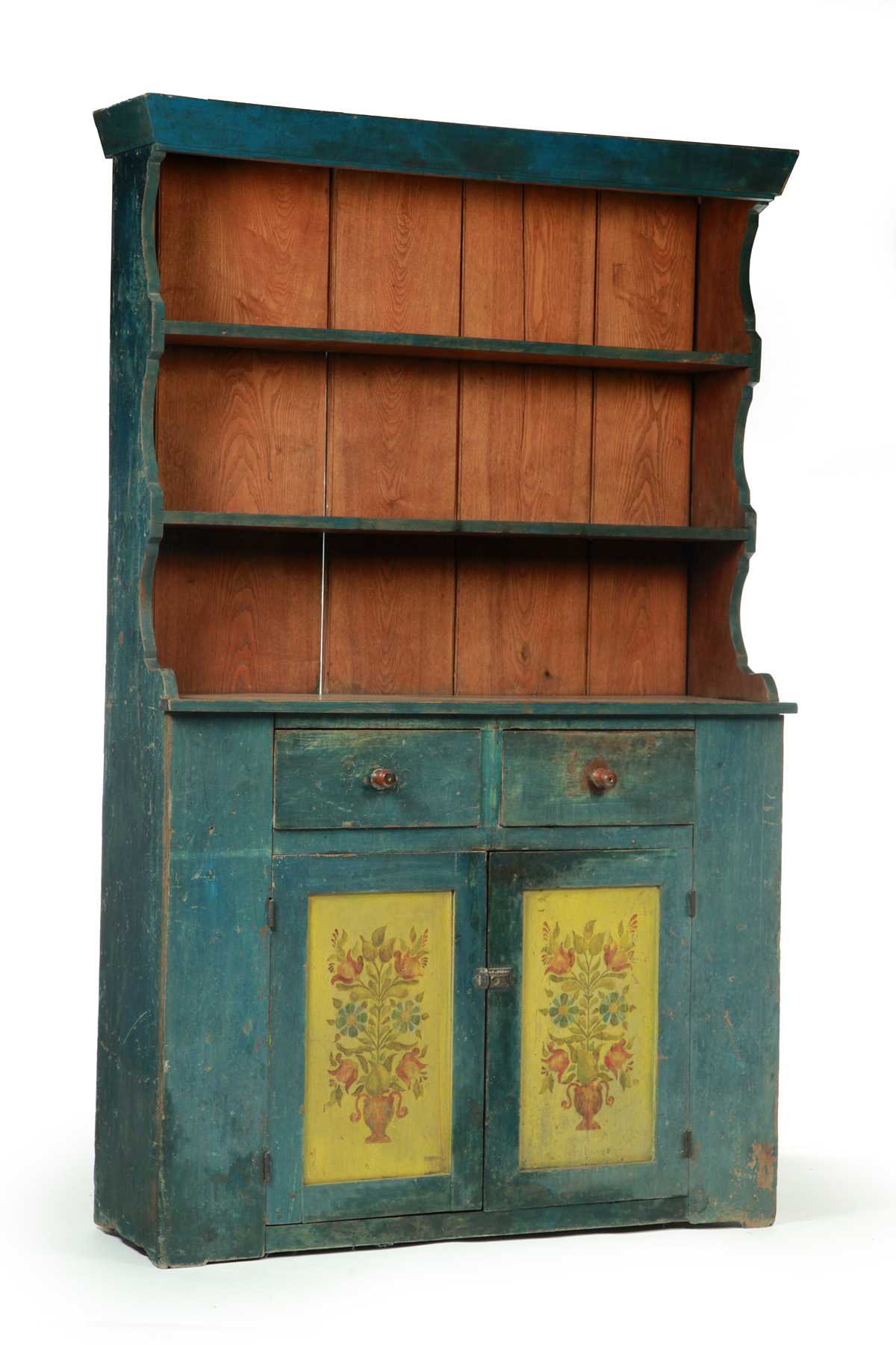 Appraisal: AMERICAN DECORATED OPEN-TOP CUPBOARD Early th century chestnut and pine