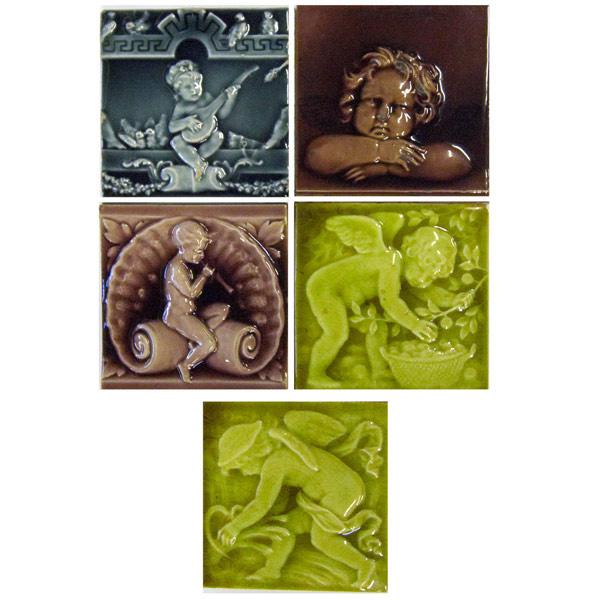 Appraisal: TRENT Etc Five tiles with putti motifs three by Trent