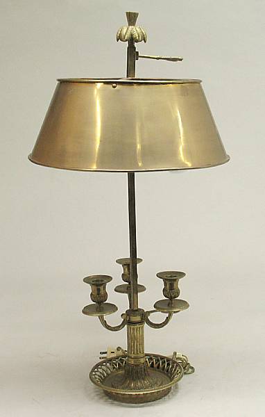 Appraisal: A Neoclassical style brass three light bouillotte lamp with brass