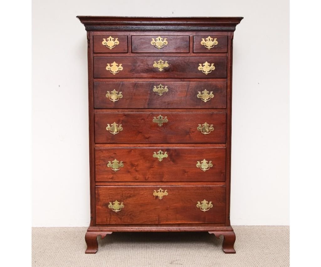 Appraisal: Pennsylvania Chippendale walnut tall chest circa with matchstick moulded cornice