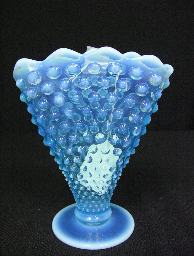 Appraisal: BLUE OPALESCENT HOBNAIL FAN VASE FENTON Size by