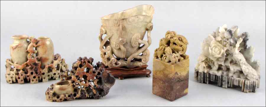 Appraisal: GROUP OF FIVE ASIAN SOAPSTONE AND HARDSTONE TABLE ARTICLES Condition