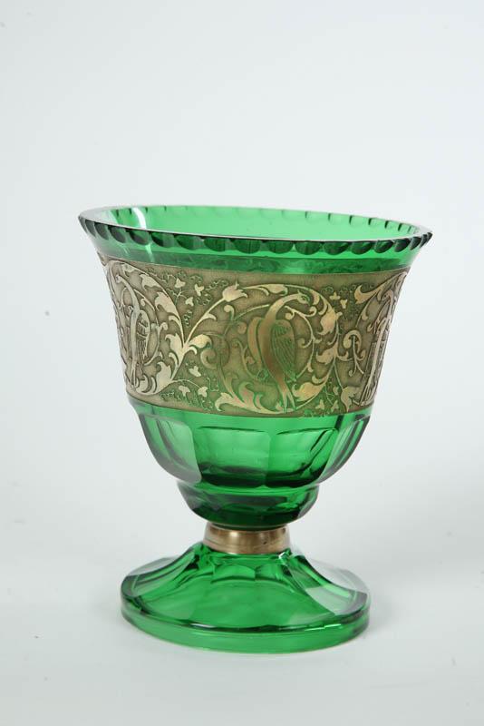 Appraisal: ART GLASS COMPOTE Probably Moser Emerald green with gilt band