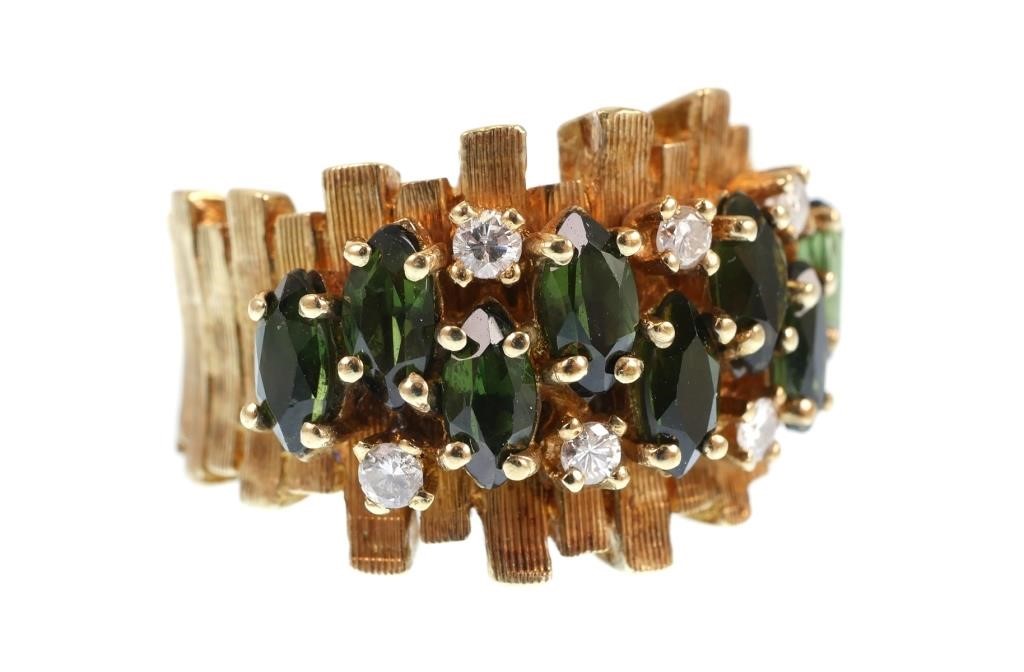 Appraisal: K yellow gold ring contains marquise faceted green tourmaline WEIGHT