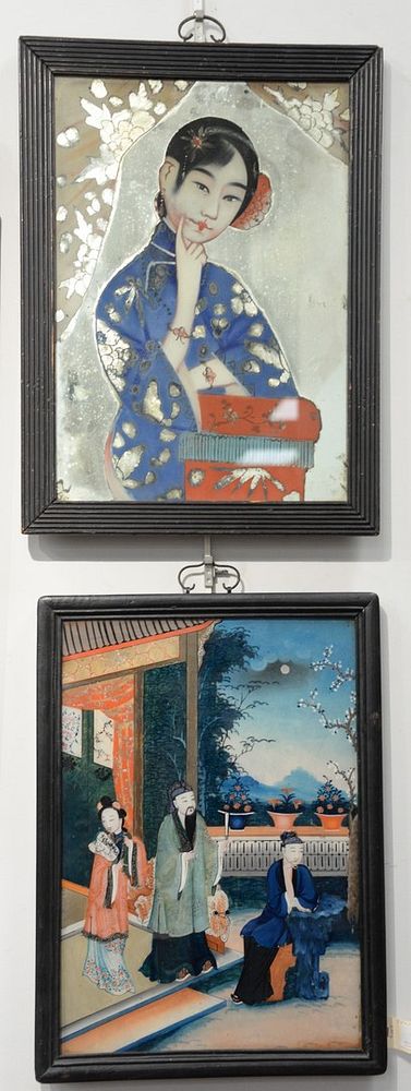 Appraisal: Two Chinese School Reverse Paintings on glass in hardwood frames