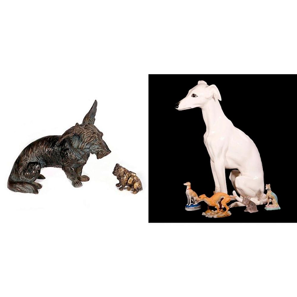 Appraisal: Seven dog figurines Seven th century dog figurines four porcelain