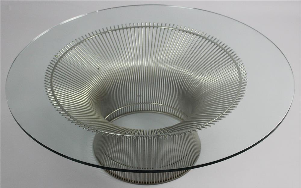 Appraisal: PLATNER STYLE CONTEMPORARY ROUND COFFEE TABLE WITH PIERCED METAL BASE