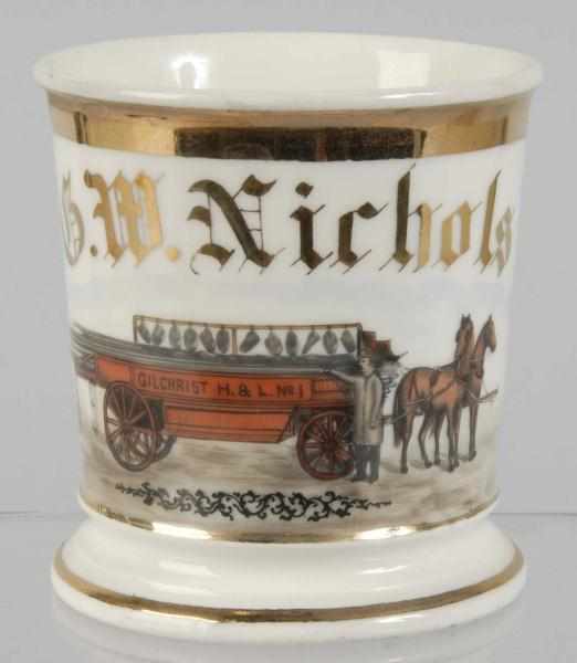 Appraisal: Fireman's Horse-Drawn Wagon Shaving Mug Description Marked G W Nichols