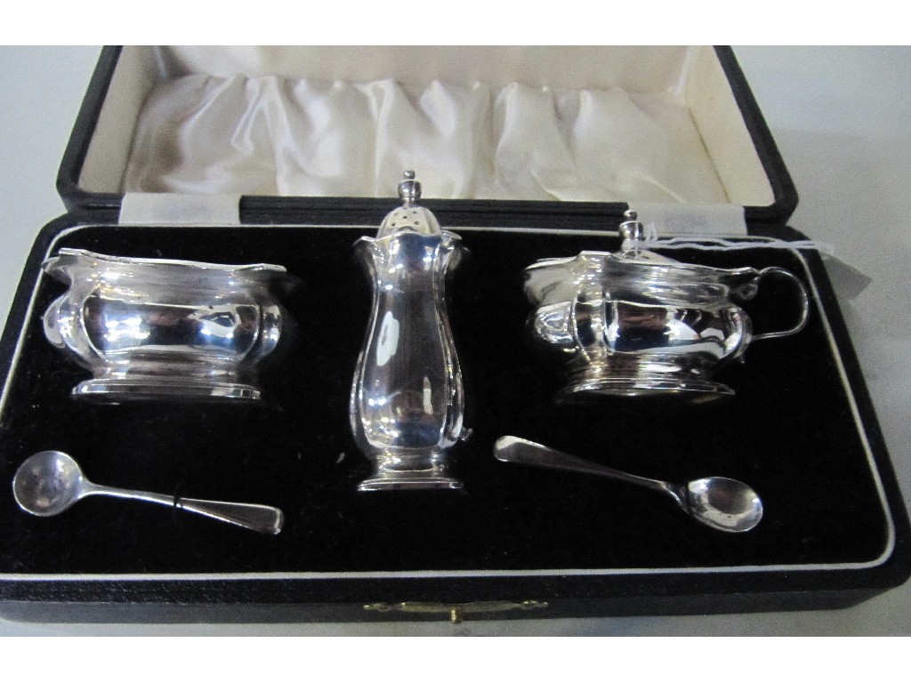 Appraisal: Cased three piece silver condiment set Birmingham