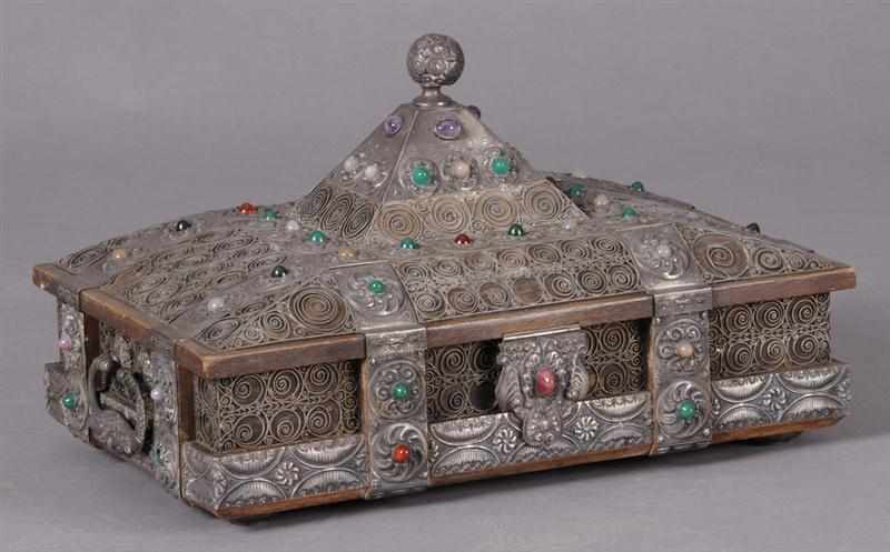 Appraisal: UNUSUAL RUSSIAN SILVER AND HARDSTONE-MOUNTED OAK CASKET Signed in Cyrllic