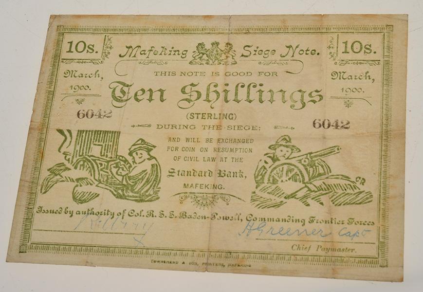 Appraisal: A BOER WAR MAFEKING SIEGE TEN SHILLINGS BANKNOTE NO 'ISSUED