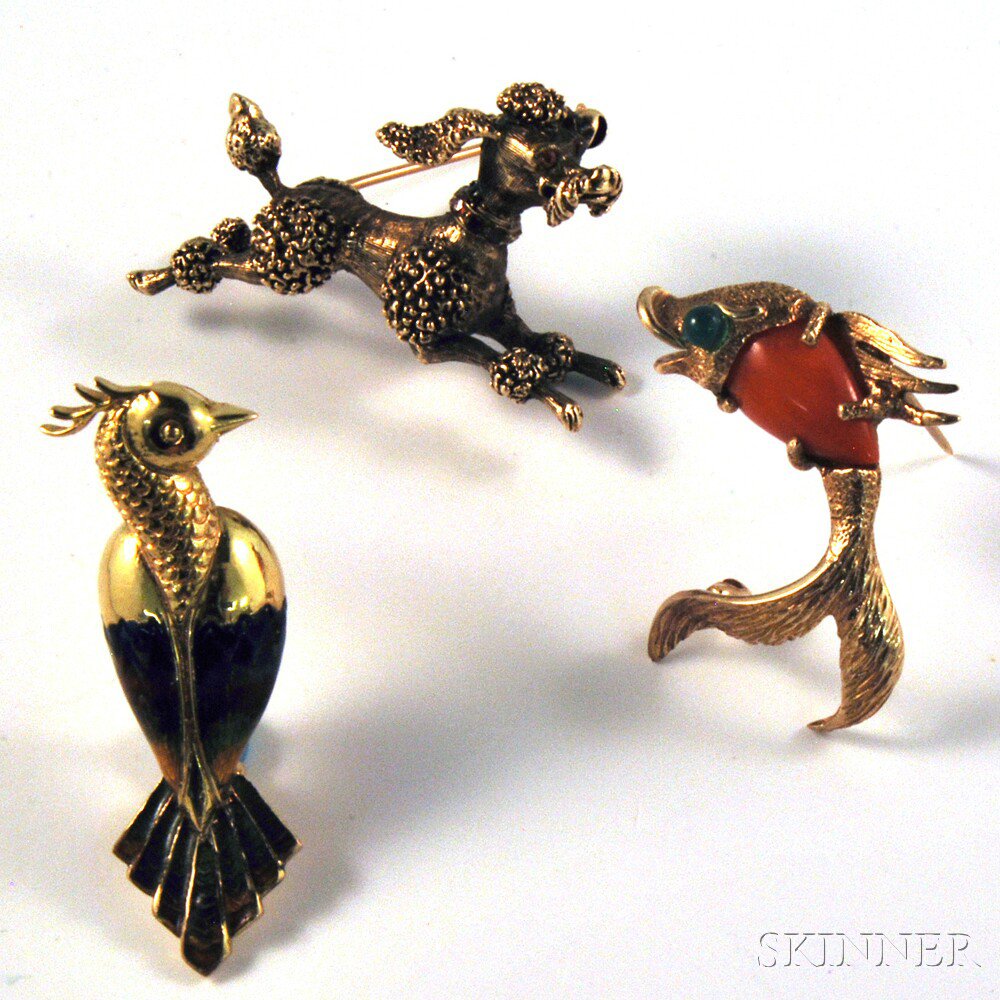 Appraisal: Three kt Gold Animal Pins a poodle with ruby-set collar