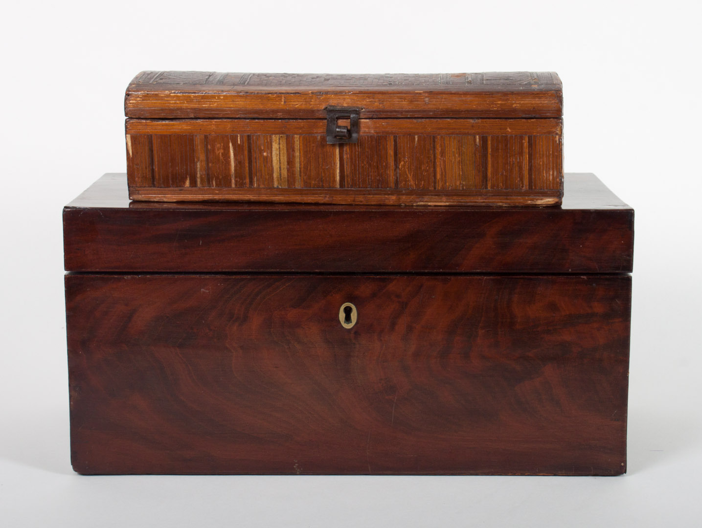 Appraisal: George III mahogany tea caddy and box tea caddy with