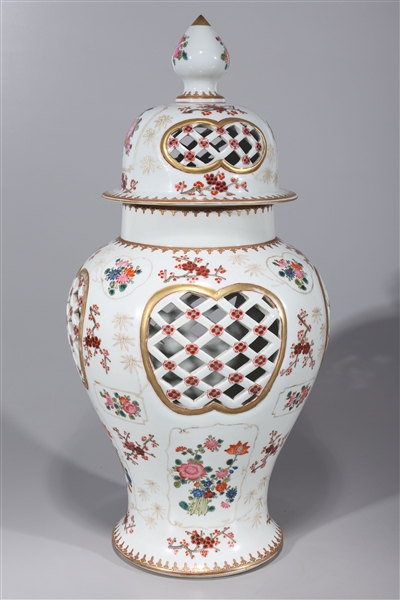 Appraisal: Chinese porcelain lattice vase with famille rose and famille verte