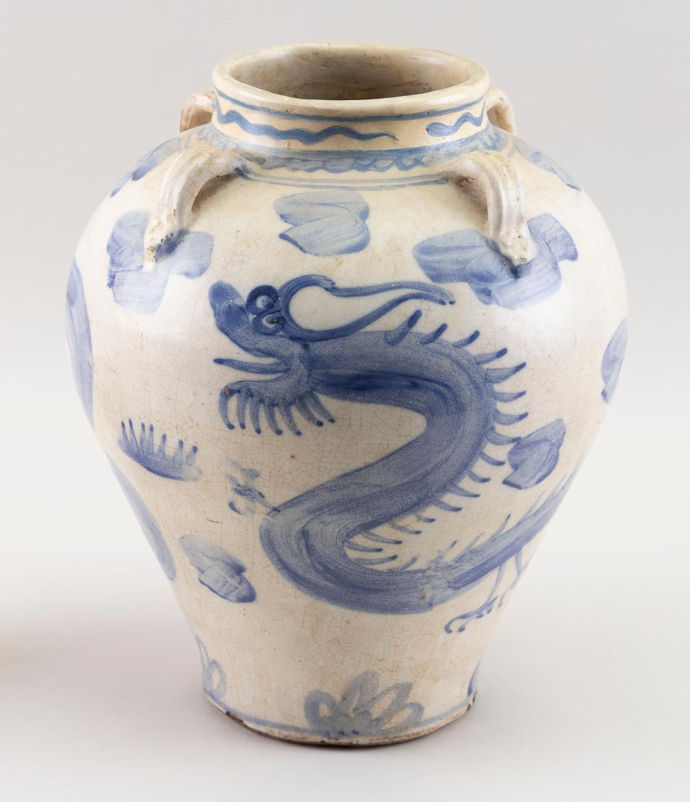 Appraisal: CHINESE BLUE AND WHITE POTTERY WATER JAR MID- TH CENTURY