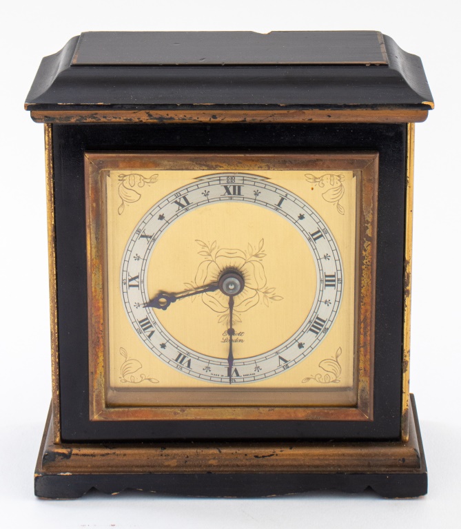 Appraisal: ELLIOTT LONDON EBONIZED AND GILT MANTLE CLOCK Classic ebonized and