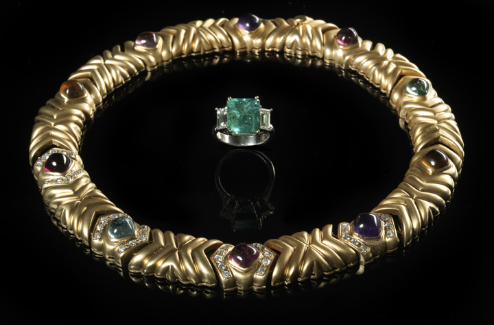 Appraisal: Platinum Eighteen-Karat Yellow Gold Emerald and Diamond Lady's Ring composed