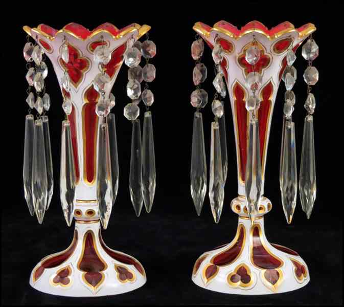 Appraisal: PAIR OF CRANBERRY CUT-TO-CLEAR GLASS LUSTERS '' x '' Condition