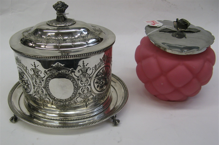 Appraisal: SILVER ON COPPER COVERED HUMIDOR AND SATIN GLASS BISCUIT JAR