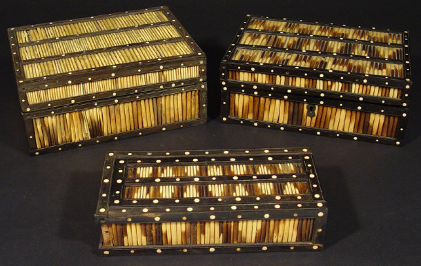 Appraisal: Three graduated porcupine quill boxes with bone and ebony frames