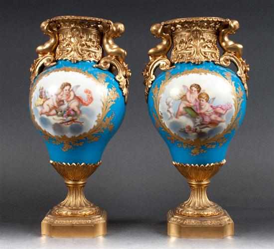 Appraisal: Pair of French ormolu-mounted Sevres style paint decorated bleu celeste