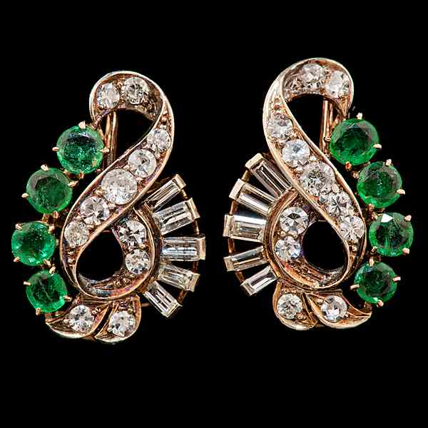 Appraisal: Emerald Diamond Art Nouveau Earrings A pair of K yellow