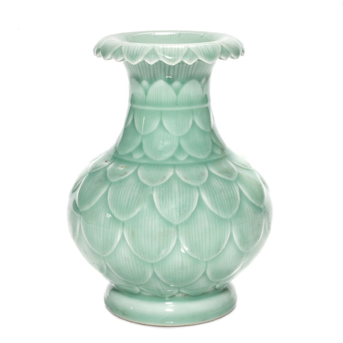 Appraisal: CHINESE CELADON-GLAZED CARVED VASE Chinese celadon-glazed carved vase featuring a