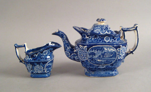 Appraisal: Historical blue Staffordshire teapot and creamer depicting Virginia Church teapot