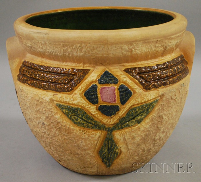 Appraisal: Roseville Pottery Mostique Jardiniere unsigned approx ht dia in