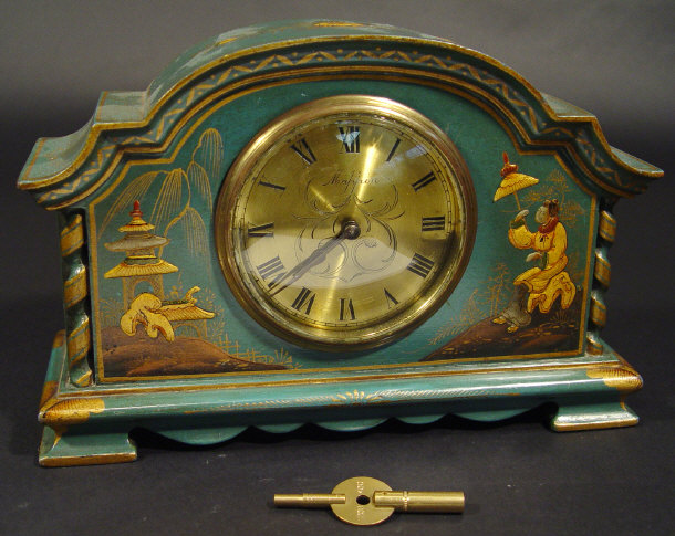 Appraisal: s blue lacquered mantel clock the chased brass dial and