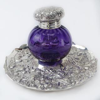 Appraisal: th Century English Silver and Glass Inkwell and Tray th