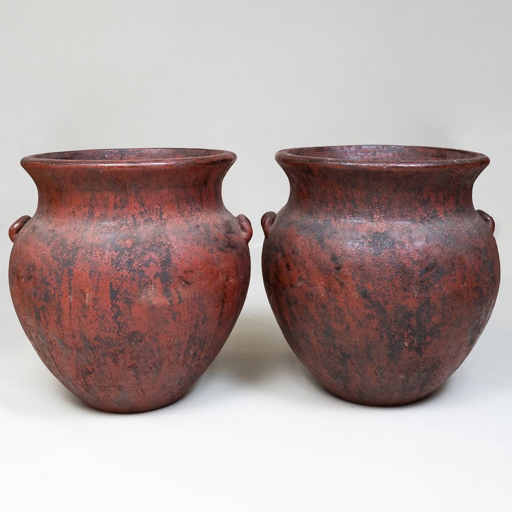 Appraisal: Pair of Large Patinated Pottery Two Handled Jars x in