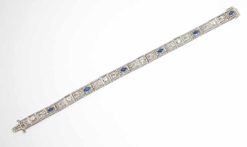 Appraisal: An Art Deco platinum synthetic sapphire and diamond bracelet Set