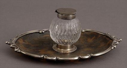 Appraisal: EDWARDIAN SILVER-MOUNTED TORTOISESHELL INKSTAND Maker's mark rubbed London and the