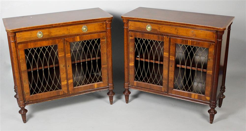 Appraisal: PAIR OF REGENCY STYLE MAHOGANY AND YEW WOOD CABINETS label