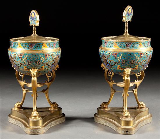 Appraisal: Pair of French champleve and gilt brass cassolettes late th